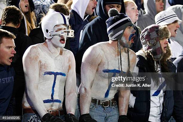Penn State Nittany Lions fans cheer against the Nebraska Cornhuskers during the game on November 23, 2013 at Beaver Stadium in State College,...