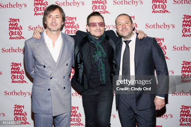 Marc Newson, Bono and Jony Ive attend Jony And Marc's Auction at Sotheby's on November 23, 2013 in New York City.