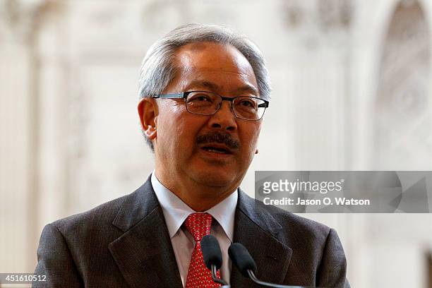 San Francisco mayor Ed Lee speaks during a press conference announcing TPC Harding Park as host of the 2015 World Golf Championships Match Play...