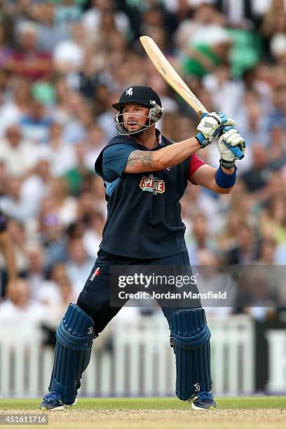 Darren Stevens of Kent hits out during the Natwest T20 Blast match between Surrey and Kent Spitfires at The Kia Oval on July 2, 2014 in London,...