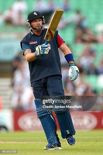 Darren Stevens of Kent acknowledges the crowd after making his half-century during the Natwest T20 Blast match between Surrey and Kent Spitfires at...