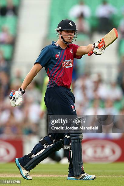 Fabian Cowdrey of Kent acknowledges the crowd after making his half-century during the Natwest T20 Blast match between Surrey and Kent Spitfires at...