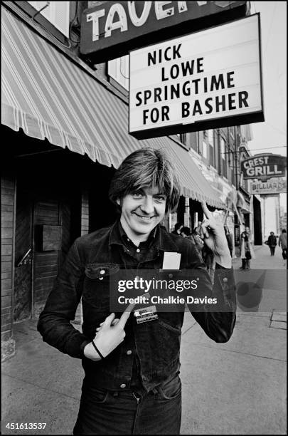 English singer-songwriter Nick Lowe poses outside the El Mocambo Tavern in Toronto, Canada on 6th March 1978.