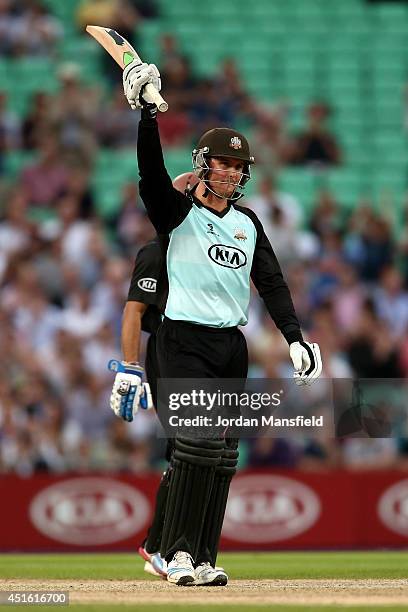 Jason Roy of Surrey acknowledges the crowd after making his half-century during the Natwest T20 Blast match between Surrey and Kent Spitfires at The...