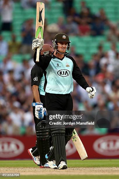 Jason Roy of Surrey acknowledges the crowd after making his half-century during the Natwest T20 Blast match between Surrey and Kent Spitfires at The...