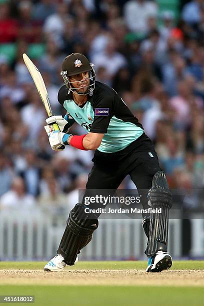 Kevin Pietersen of Surrey hits out during the Natwest T20 Blast match between Surrey and Kent Spitfires at The Kia Oval on July 2, 2014 in London,...