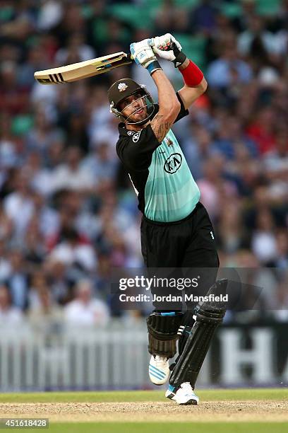 Kevin Pietersen of Surrey hits out during the Natwest T20 Blast match between Surrey and Kent Spitfires at The Kia Oval on July 2, 2014 in London,...