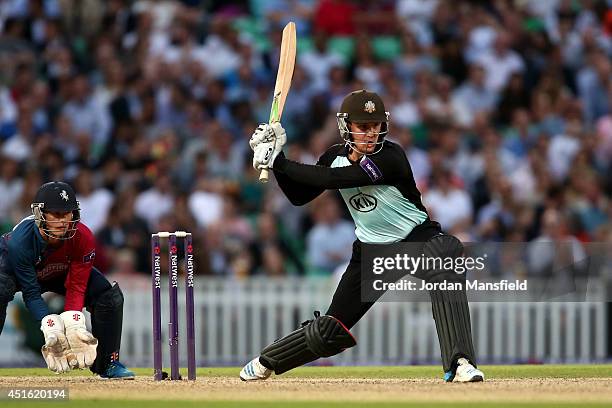 Jason Roy of Surrey hits out during the Natwest T20 Blast match between Surrey and Kent Spitfires at The Kia Oval on July 2, 2014 in London, England.