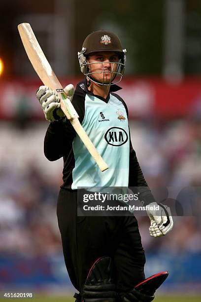 Jason Roy of Surrey acknowledges the crowd as he walks off after being bowled by Adam Riley of Kent during the Natwest T20 Blast match between Surrey...