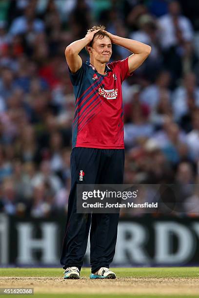 Fabian Cowdrey of Kent reacts after they lose by 8 wickets during the Natwest T20 Blast match between Surrey and Kent Spitfires at The Kia Oval on...