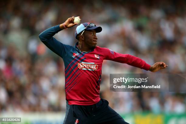 Daniel Bell-Drummond of Kent fields a ball during the Natwest T20 Blast match between Surrey and Kent Spitfires at The Kia Oval on July 2, 2014 in...