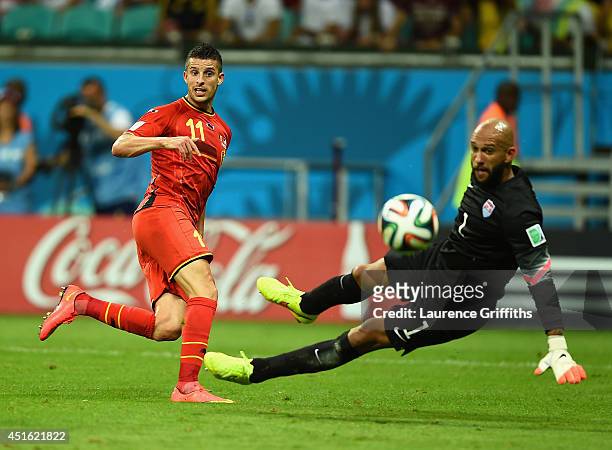 Kevin Mirallas of Belgium has his shot saved by Tim Howard of the United States during the 2014 FIFA World Cup Brazil Round of 16 match between...