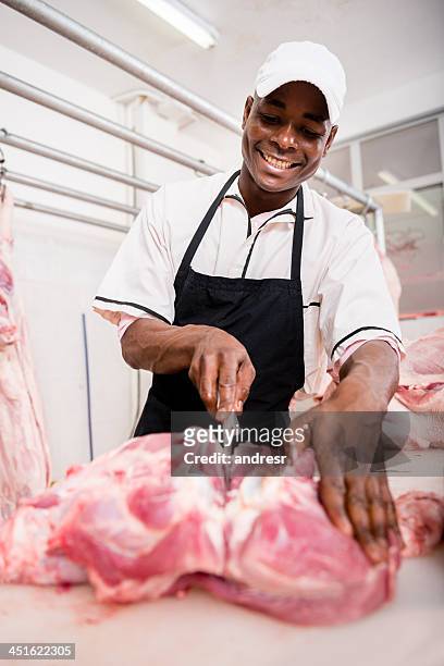 butcher slicing meat - different cuts of meat stock pictures, royalty-free photos & images