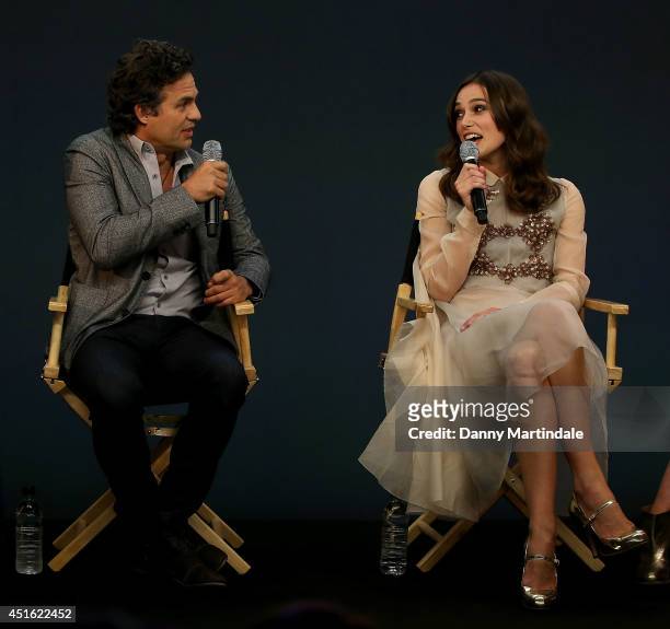 Mark Ruffalo and Keira Knightley attend a Meet The Cast event for "Begin Again" at Apple Store, Regent Street on July 2, 2014 in London, England.