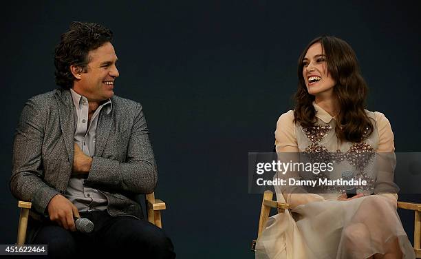 Mark Ruffalo and Keira Knightley attend a Meet The Cast event for "Begin Again" at Apple Store, Regent Street on July 2, 2014 in London, England.