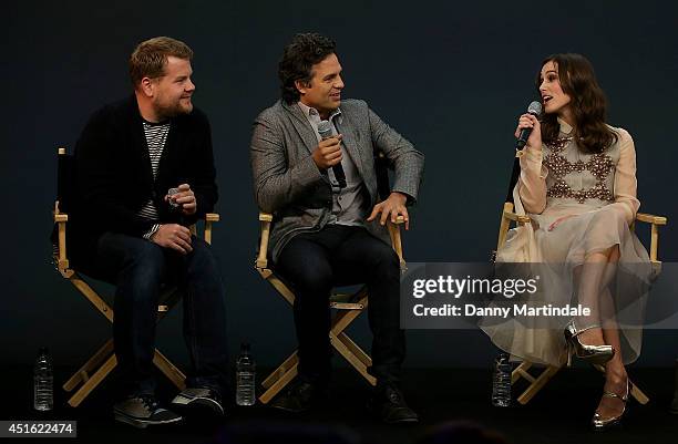 James Corden, Mark Ruffalo and Keira Knightley attend a Meet The Cast event for "Begin Again" at Apple Store, Regent Street on July 2, 2014 in...