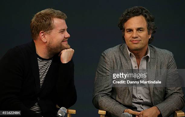 James Corden and Mark Ruffalo attends a Meet The Cast event for "Begin Again" at Apple Store, Regent Street on July 2, 2014 in London, England.