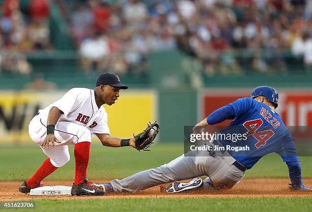 Anthony Rizzo of the Chicago Cubs steals second as Jonathan Herrera of the Boston Red Sox fields a late throw in the 1st inning at Fenway Park on...