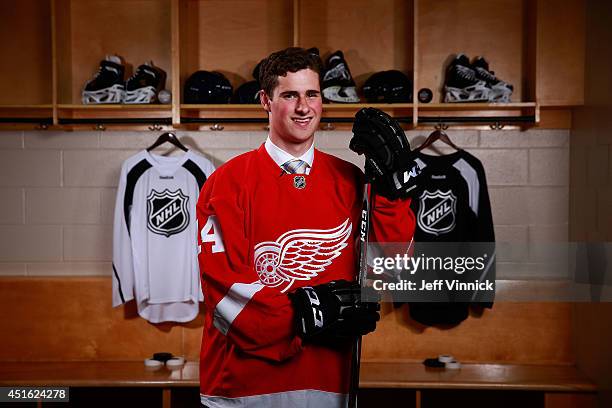 Dylan Larkin, 15th overall pick of the Detroit Red Wings, poses for a portrait during the 2014 NHL Entry Draft at Wells Fargo Center on June 27, 2014...