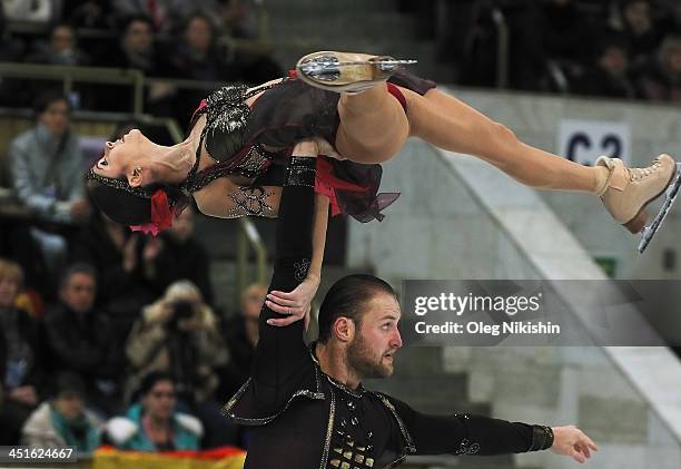 Vera Bazarova and Yuri Larionov of Russia skate in the Pairs Free Skating during ISU Rostelecom Cup of Figure Skating 2013 on November 23, 2013 in...