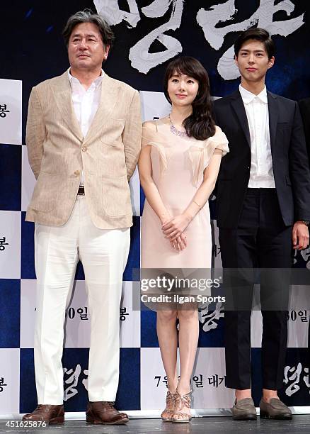 Choi Min-Sik, Lee Jung-Hyun and Park Bo-Gum attend the movie 'Roaring Currents' press conference at Apgujeong CGV on June 26, 2014 in Seoul, South...