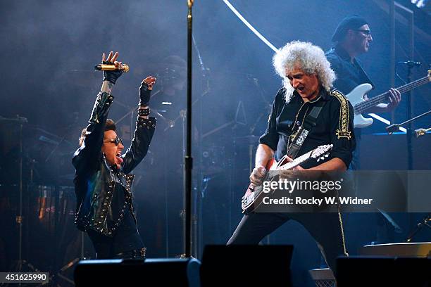 Adam Lambert and Brian May of Queen perform in concert at the SAP Center on July 1, 2014 in San Jose, California.