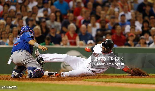 Welington Castillo of the Chicago Cubs tags out David Ortiz of the Boston Red Sox at the plate in the sixth inning at Fenway Park on July 2, 2014 in...