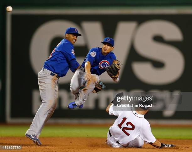 Darwin Barney of the Chicago Cubs collides with Starlin Castro trying to turn a double play as Mike Napoli of the Boston Red Sox slides in the eighth...