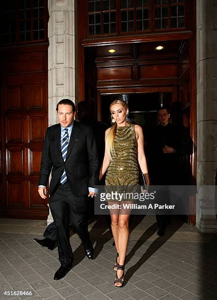 James Stunt and Petra Ecclestone seen leaving The F1 Party on July 2, 2014 in London, England.