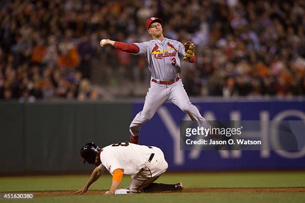 Hunter Pence of the San Francisco Giants breaks up a double play attempt after being forced out at second base by Mark Ellis of the St. Louis...