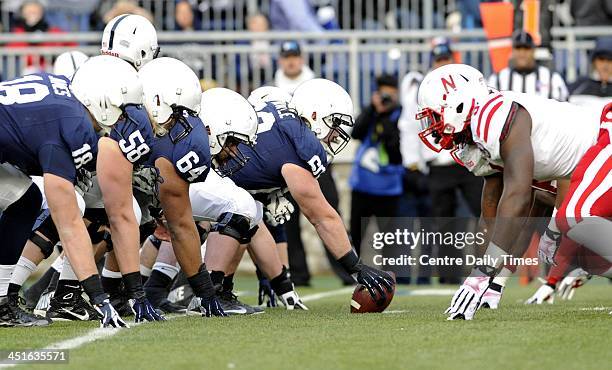 The Penn State offensive line sets for a drive against Nebraska at Beaver Stadium in University Park, Pa., on Saturday, Nov. 23, 2013. Nebraska won,...