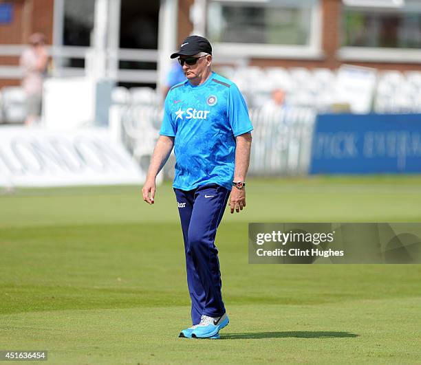 Duncan Fletcher Head Coach of India during day two of the tour match between Derbyshire and India at The 3aaa County Ground on July 2, 2014 in Derby,...