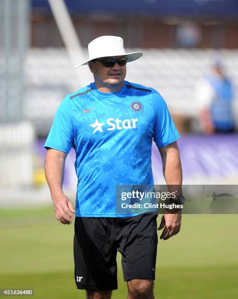 Joe Dawes bowling coach of India during day two of the tour match between Derbyshire and India at The 3aaa County Ground on July 2, 2014 in Derby,...