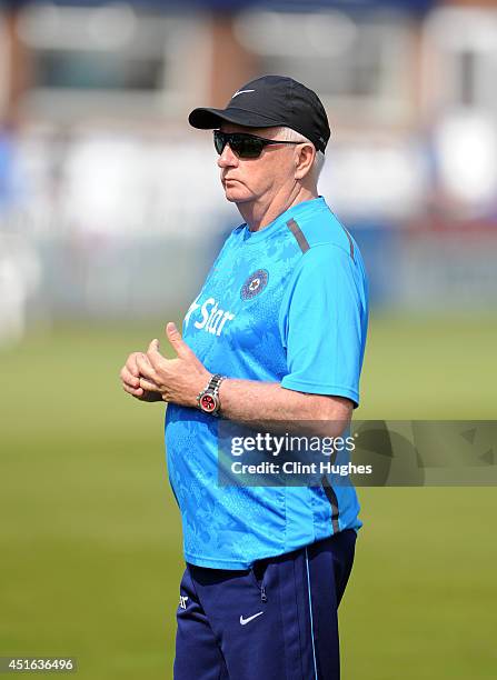 Duncan Fletcher Head Coach of India during day two of the tour match between Derbyshire and India at The 3aaa County Ground on July 2, 2014 in Derby,...