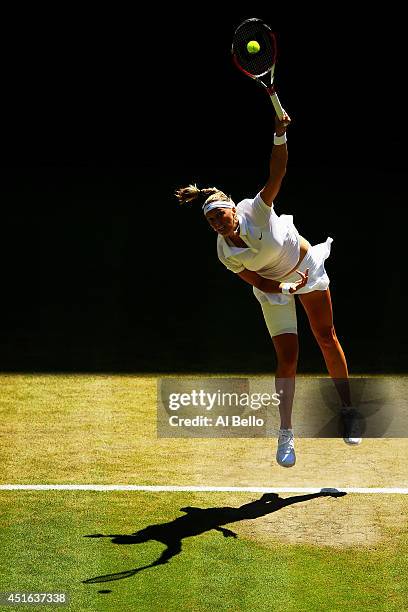 Petra Kvitova of Czech Republic serves during her Ladies' Singles semi-final match against Lucie Safarova of Czech Republic on day ten of the...