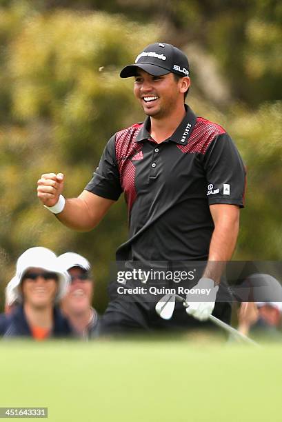 Jason Day of Australia celebrates gettting an eagle on the 6th hole during day four of the World Cup of Golf at Royal Melbourne Golf Course on...