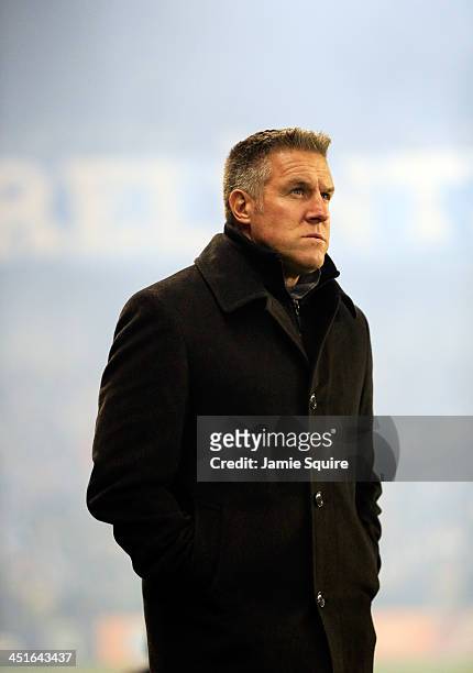 Head coach Peter Vermes of Sporting KC watches from the sidelines warm-ups prior to Leg 2 of the Eastern Conference Championship against the Houston...