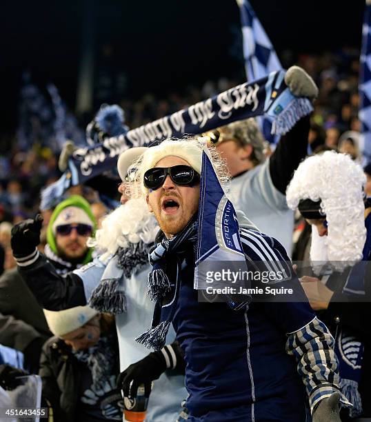 Sporting KC fans cheer during Leg 2 of the Eastern Conference Championship against the Houston Dynamo at Sporting Park on November 23, 2013 in Kansas...