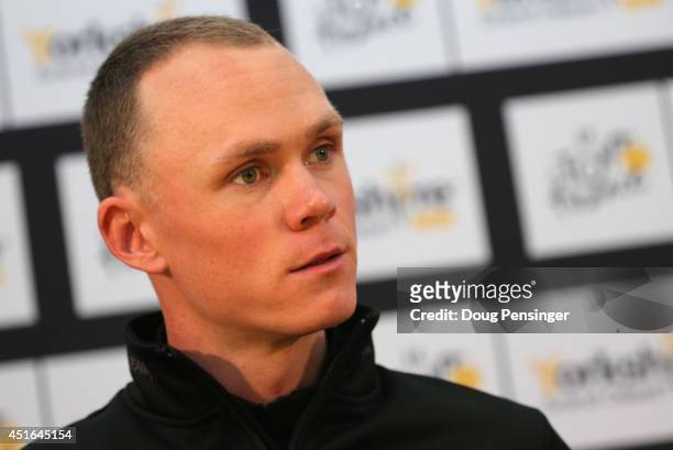 Chris Froome of Great Britain riding for Team Sky addresses the media during a press conference prior to the 2014 Le Tour de France on July 3, 2014...