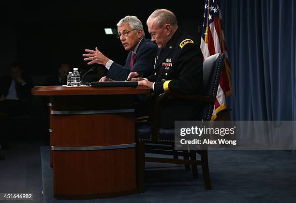 Secretary of Defense Chuck Hagel and Chairman of the Joint Chiefs of Staff Gen. Martin Dempsey brief members of the media July 3, 2014 at the...
