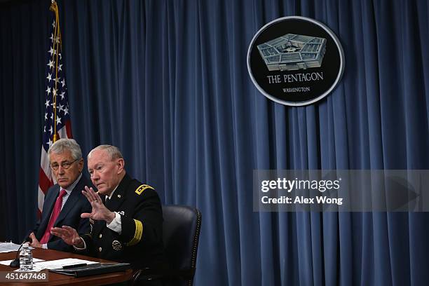 Secretary of Defense Chuck Hagel and Chairman of the Joint Chiefs of Staff Gen. Martin Dempsey brief members of the media July 3, 2014 at the...