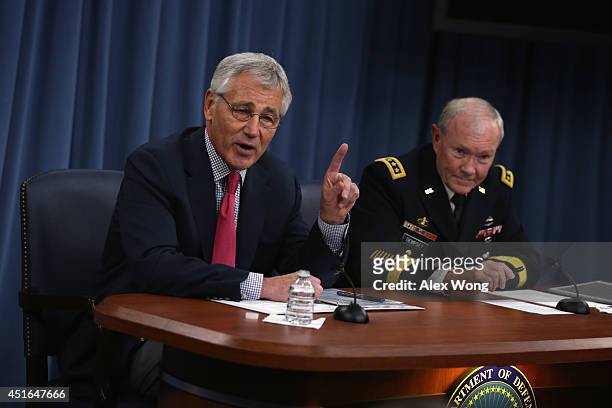 Secretary of Defense Chuck Hagel and Chairman of the Joint Chiefs of Staff Gen. Martin Dempsey brief members of the media July 3, 2014 at the...