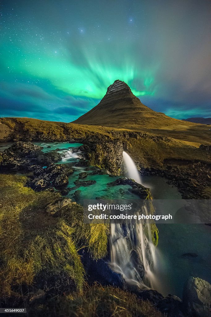 Kirkjufell with northern light in the sky
