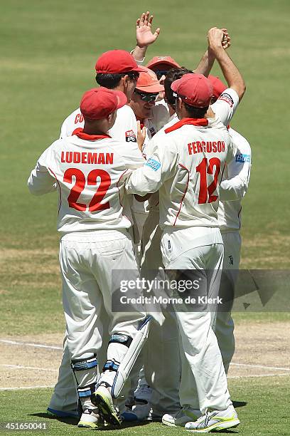 Redbacks players congratulate teammate Chadd Sayers after he got the wicket of Mark Cosgrove of the Tigers during day three of the Sheffield Shield...