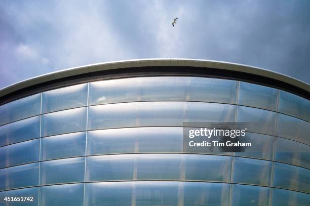 Seagull flies over the Hydro Arena at the Scottish Exhibition and Conference Centre, SECC, venue for the Commonwealth Games in Glasgow, Scotland.