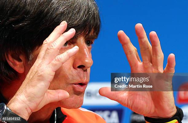 Joachim Loew, head coach of Germany looks on during a German national team press conference at Maracana on July 3, 2014 in Rio de Janeiro, Brazil.
