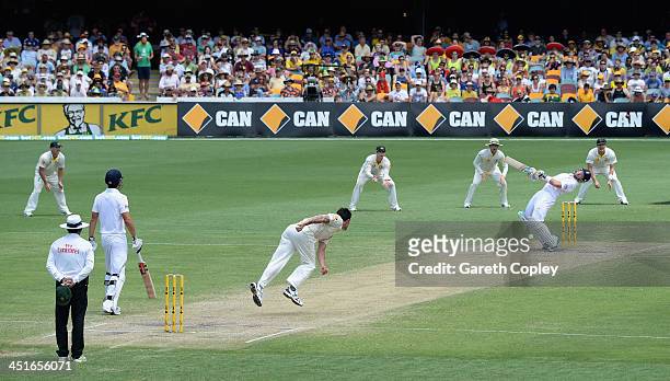 Ian Bell of England avoids a short ball from Mitchell Johnson of Australia during day four of the First Ashes Test match between Australia and...