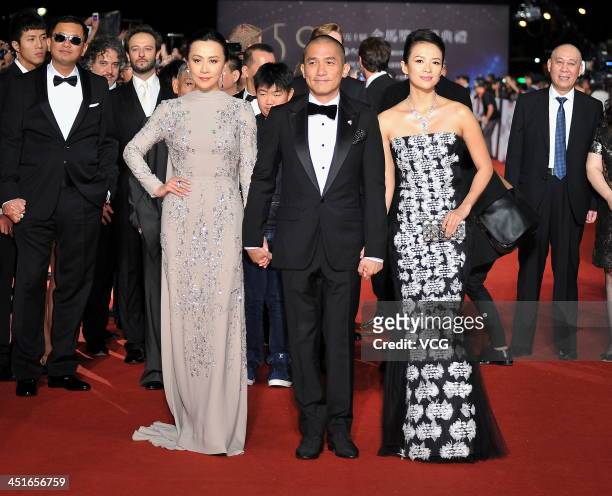 Actress Carina Lau, actor Tony Leung Chiu-Wai and actress Zhang Ziyi arrive on the red carpet of the 50th Golden Horse Awards at Sun Yat-sen Memorial...