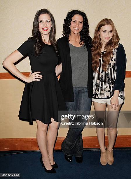 Haley Webb, Melissa Ponzio and Holland Roden attend the MTV's 'Teen Wolf' fan appreciation event at Burbank Airport Marriott on November 23, 2013 in...