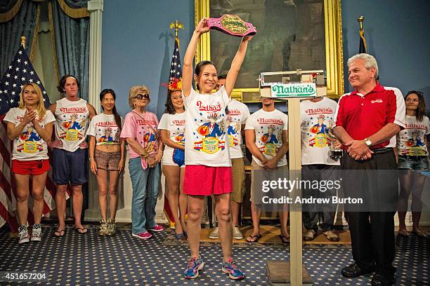Sonya Thomas, also known as "The Black Widow," is officially weighed in the day prior to the Nathan's Hot Dog Eating Contest at City Hall on July 3,...